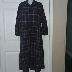 Bloomchic navy and orange flannel plaid fit flare midi dress Sz 14-16  NEW